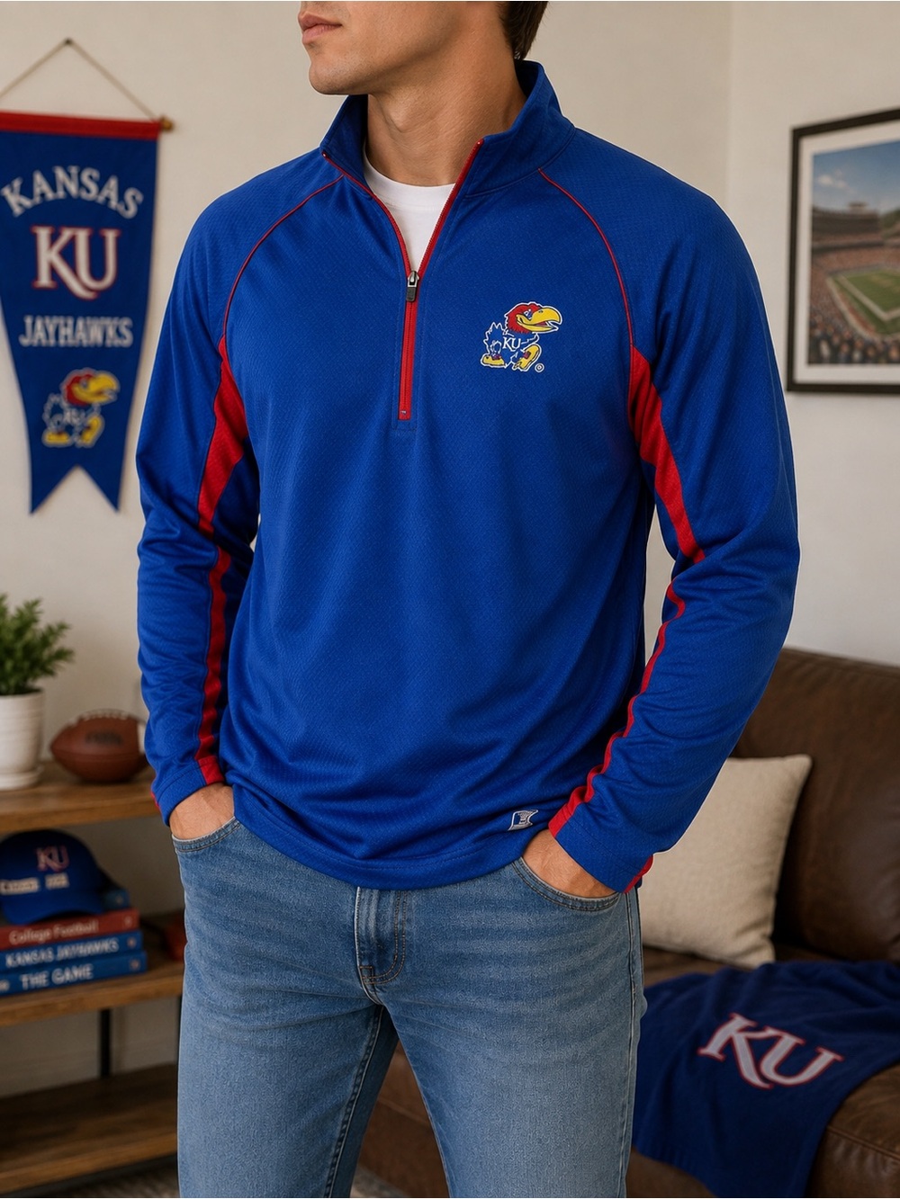 Kansas Jayhawks KU Men’s Quarter Zip Pullover Blue Red Colosseum Small NCAA
